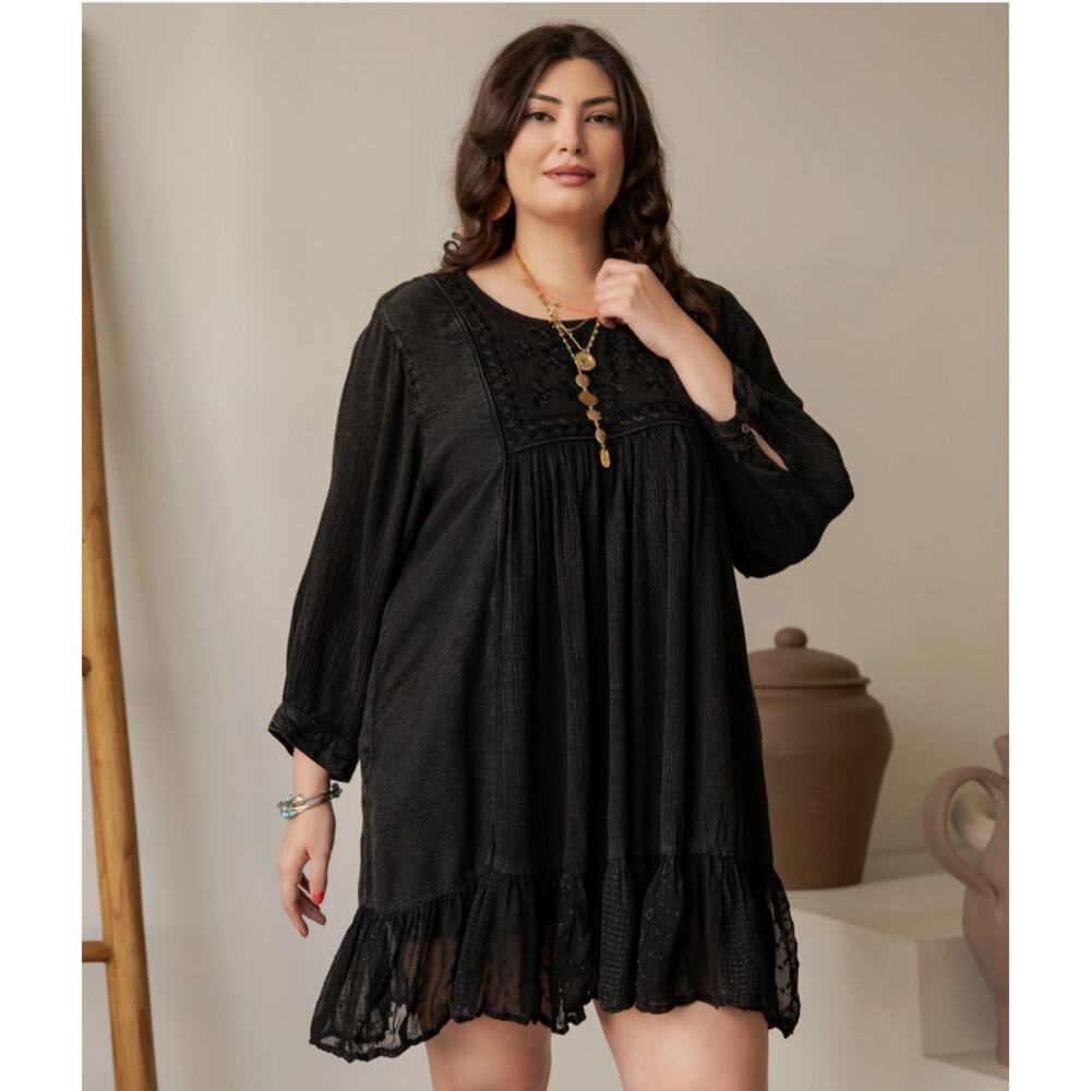 Young Threads Black Embroidered Babydoll Dress 1X NWT Ruffle Hem - Boho Artisan - Picture 6 of 8